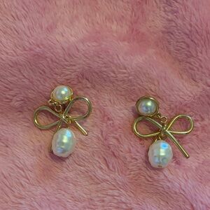 Gold Bow Pearl Drop Earrings